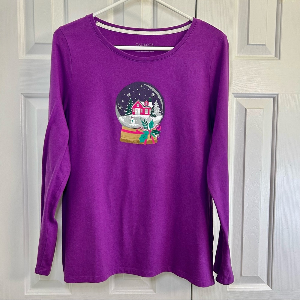 Talbots Snow Globe Purple Long Sleeve Cotton Holiday Christmas Top Size Large